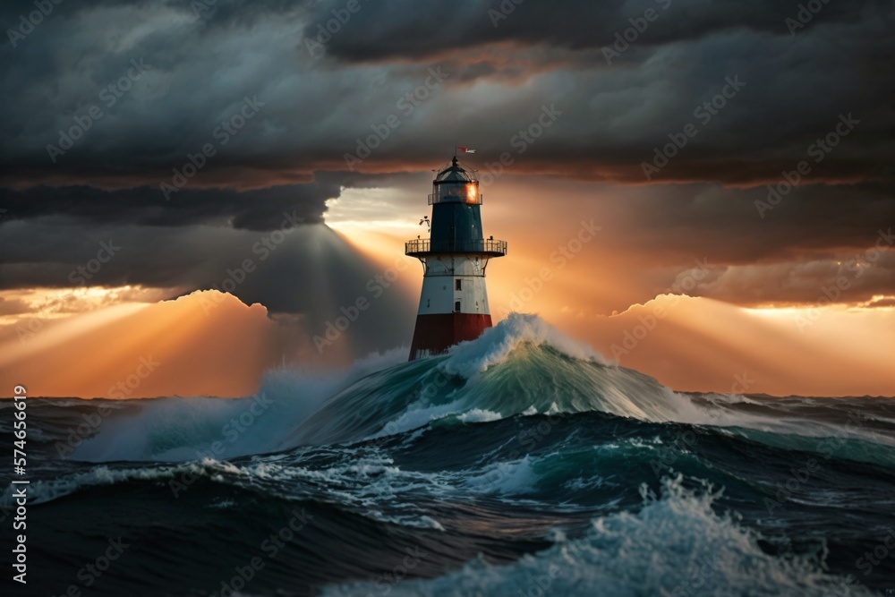 Lighthouse being a symbol of hope and safety. Light house in a storm ...