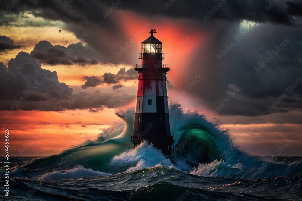 Lighthouse being a symbol of hope and safety. Light house in a storm ...