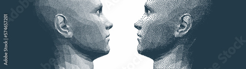 Two opponents facing each other. People talk face to face. Illustration of the communication between two humans. Battle with yourself. Model with stipple effect. 3D vector for cover.