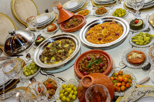 Moroccan Algerian breakfast table. Vintage background with different plates with delicious traditional middle eastern food