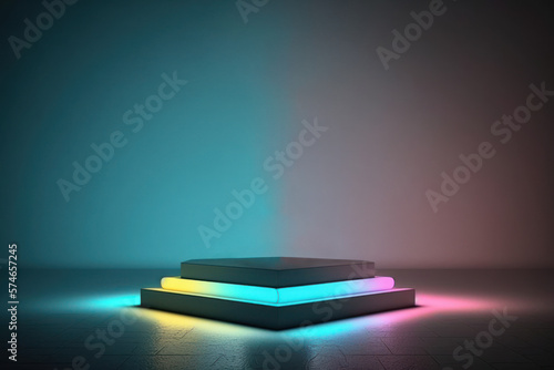 neon light product background stage or podium pedestal on grunge street floor with glow spotlight and blank display platform. 3D rendering © Sébastien Jouve