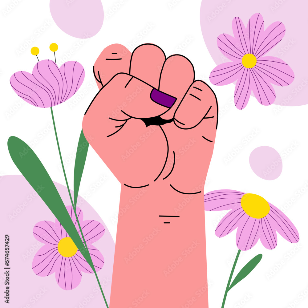 Ilustración de mano de mujer con señas sobre fondo floreado del día de la mujer el 8 de marzo - obrazy, fototapety, plakaty 