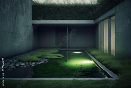 modern swimming pool with garden, generative AI