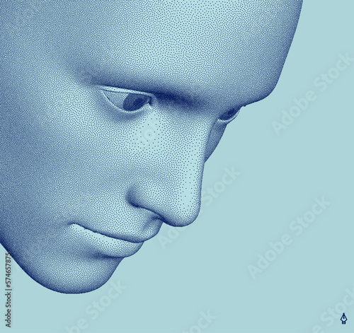 Man deep in thought and looking down. Illustration of an man's face created from small particle. Pixel art. 3D vector design for banner, flyer, poster, cover or brochure.
