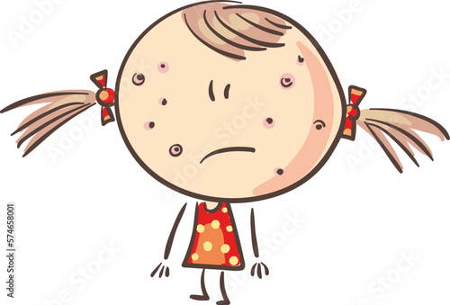 Unhappy little cartoon girl with chickenpox. Childhood diseases.