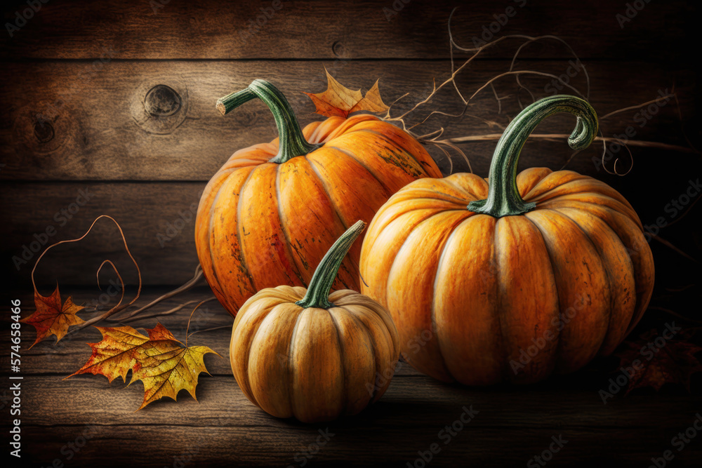 thanksgiving pumpkins on wooden table. generative ai thanksgiving pumpkins on wooden table. generative ai
