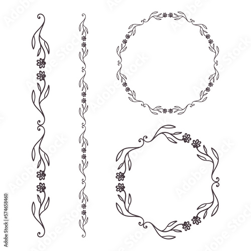 Hand drawn floral patterns. Line and round line borders, leaves and flower elements. Floral Wreath with leaves round frame. Floral circle vector isolated on white background. For wedding invitations