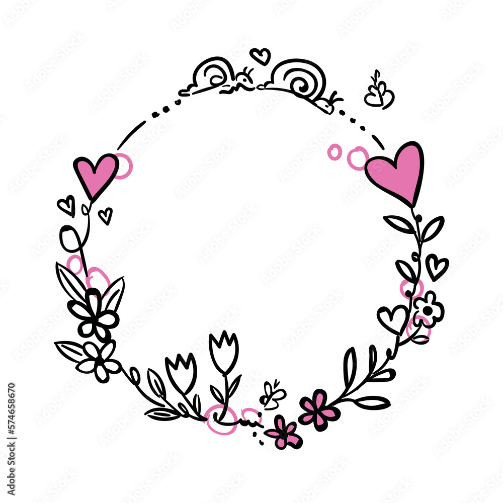 Round floral frame border. Spring pattern. Hand drawn round line border, leaves and flowers. Botanical circle frame. Ethnic floral elements vector. For wedding invitations, greeting cards.