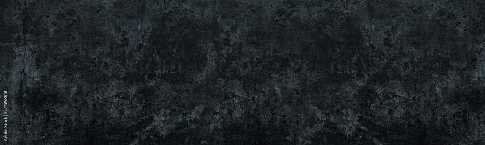 Naklejka premium Old cracked dark gray concrete wall wide texture. Gloomy grunge long panoramic black background