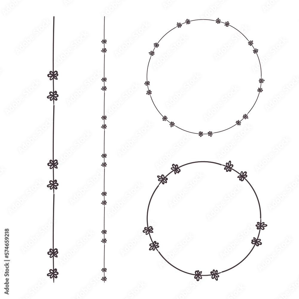 Set of Patterns Hand drawn floral elements. Line pattern and round line border, flowers on line. Floral Wreath round frame. Floral circle vector isolated on white background. For wedding invitations. Set of Patterns Hand drawn floral elements. Line pattern and round line border, flowers on line. Floral Wreath round frame. Floral circle vector isolated on white background. For wedding invitations.