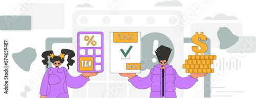 Fashionable guy and girl are engaged in paying taxes. An illustration demonstrating the importance of paying taxes for economic development.