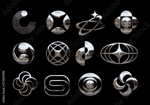Retro Y2K or 90s shapes, vector geometric postmodern figures. Minimalist brutalist metallic chrome design elements  photo