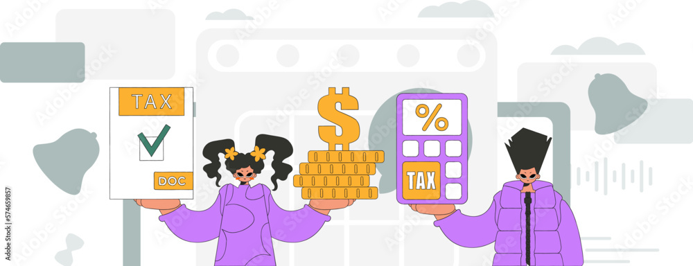 Fashionable girl and guy are engaged in paying taxes. An illustration demonstrating the correct payment of taxes. Fashionable girl and guy are engaged in paying taxes. An illustration demonstrating the correct payment of taxes.