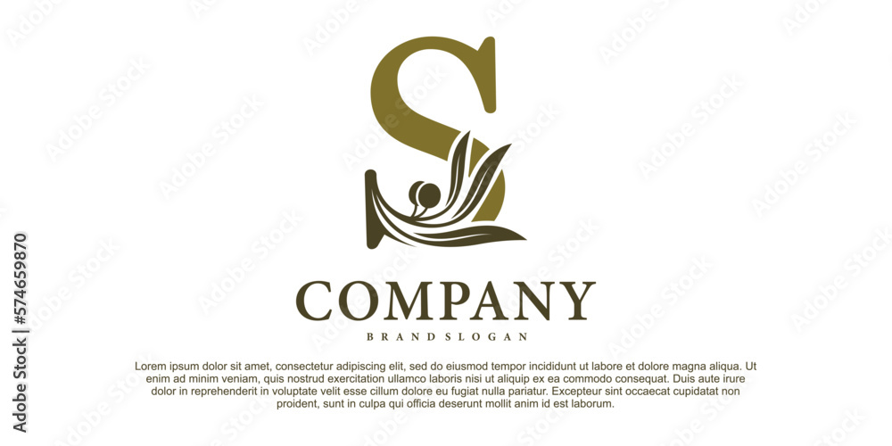 Fototapeta premium The letter S with luxury alphabet monogram with an olive branch Premium Vektor