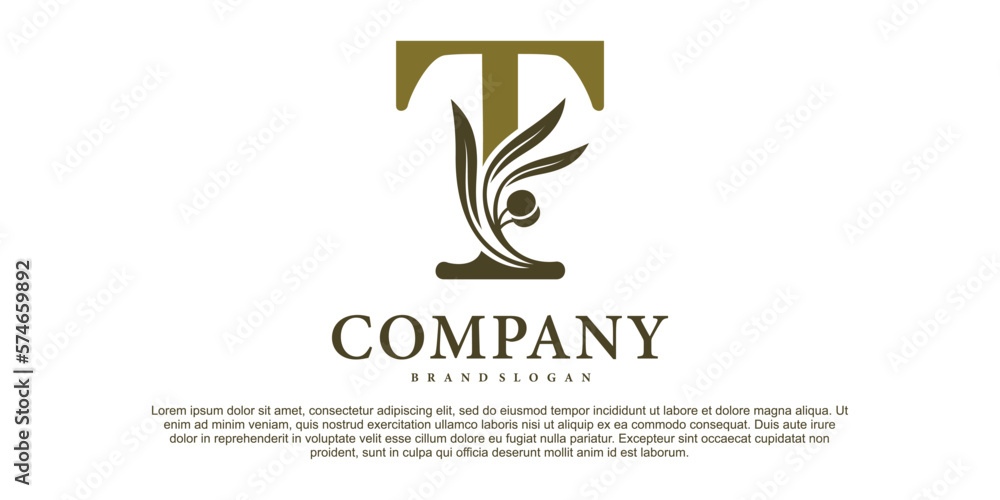 The letter T with luxury alphabet monogram with an olive branch Premium Vektor The letter T with luxury alphabet monogram with an olive branch Premium Vektor