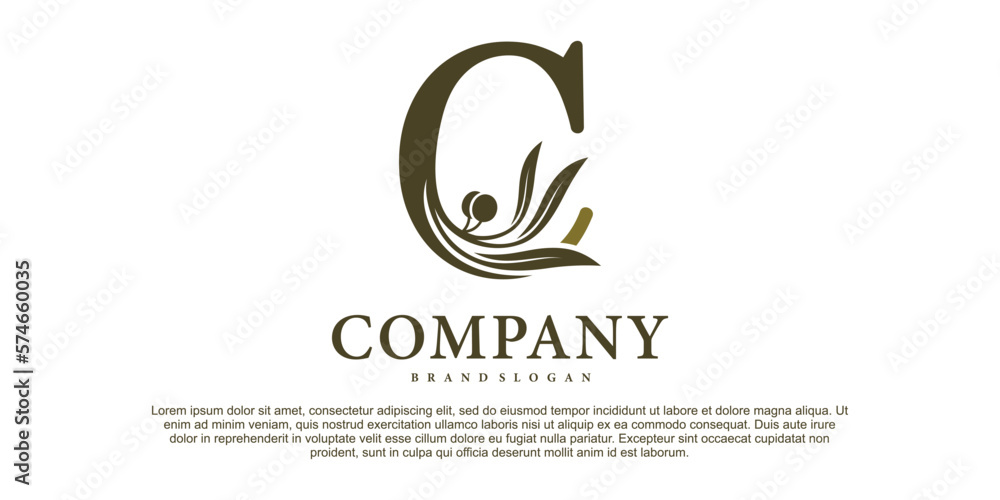 Fototapeta premium The letter C with luxury alphabet monogram with an olive branch Premium Vektor
