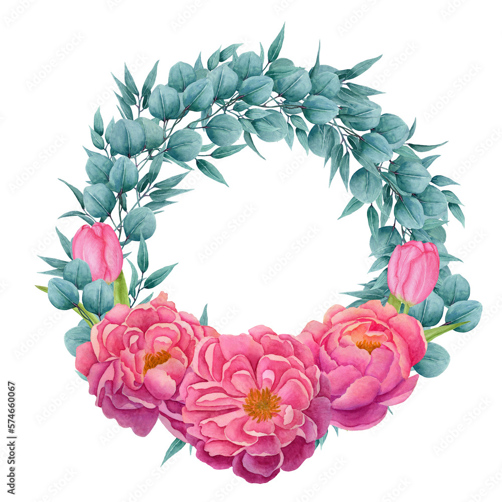 Watercolor round wreath with eucalyptus and peonies. Herbs for greeting cards, wedding invitations, posters, saving dates or making greetings. A place for your text.
