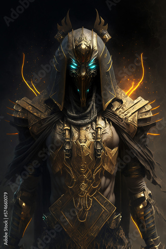 Egyptian god Osiris with medieval armor and blue eyes. Generative AI