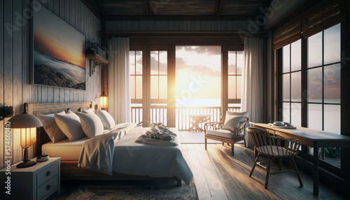 Holidays in a tropical island, luxury hotel resort. Beach bungalow bedroom interior, ocean view at sunrise. Generative AI © Rawf8