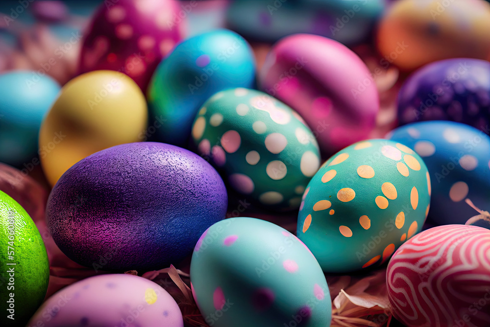 Fototapeta premium Background with lots of cute Easter Eggs, Generative AI