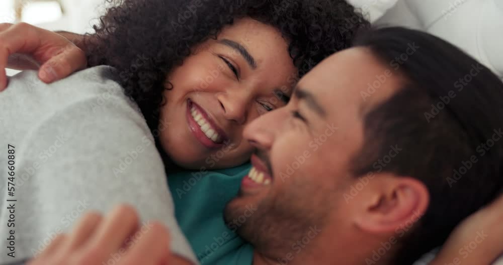 Love, bedroom and couple relax together for romantic and sweet bonding time in their apartment bed. Happiness, care and affection with people who enjoy intimate connection in a relationship. Love, bedroom and couple relax together for romantic and sweet bonding time in their apartment bed. Happiness, care and affection with people who enjoy intimate connection in a relationship.