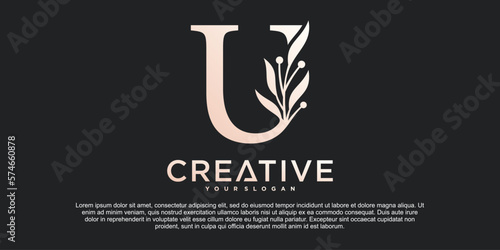 Initial letter U with Beautiful floral alphabet monoline logo design Premium Vektor