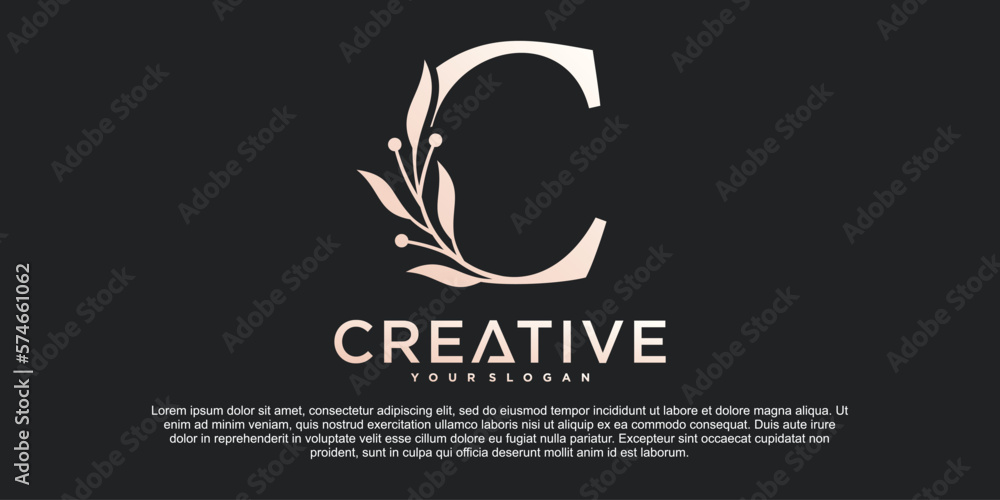 Initial letter C with Beautiful floral alphabet monoline logo design Premium Vektor