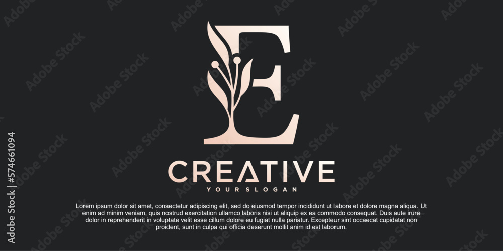 Initial letter E with Beautiful floral alphabet monoline logo design Premium Vektor