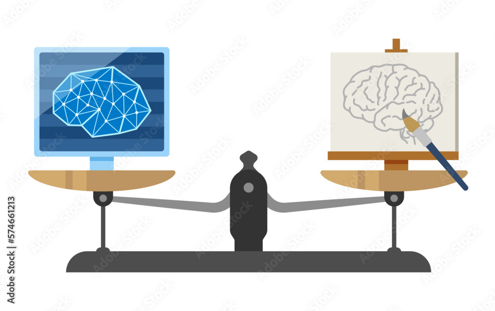 Balance between AI image generation and human hand-drawing work Stock ...