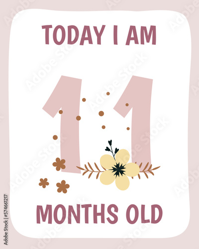 11 months Birthday party invitation with flowers. Greeting card template. Vector illustration.