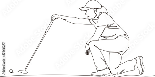 One line drawing of young female golf player swinging golf club and hitting ball. Relax sport concept. Tournament promotion design vector graphic illustration