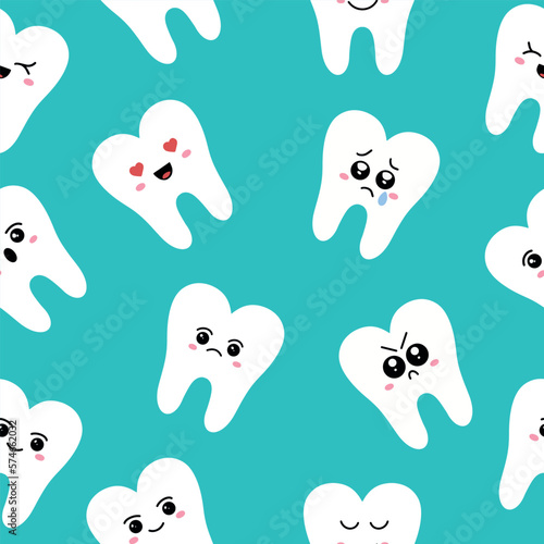 Seamless teeth pattern, with different facial expressions. Teeth in the style of kawaii. Vector illustration.