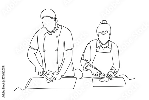 Single one line drawing cooking class practice. Class in action concept. Continuous line draw design graphic vector illustration.