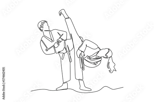 Single one line drawing taekwondo class. Class in action concept. Continuous line draw design graphic vector illustration.