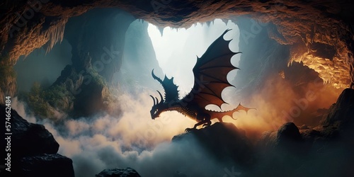An abstract creative landscape of pastel shades of tones, a cave like from a fairy tale where a huge, dangerous dragon lives. Generative AI. © Uncanny Valley