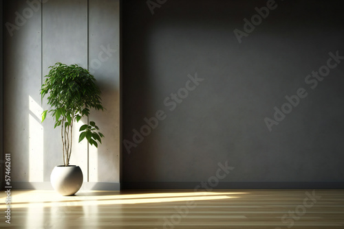dark empty room with plant in pot over concrete wall and wood floor background, 3d rendering in minimalist style
