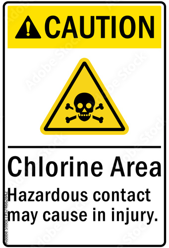 Chlorine gas hazard sign and labels chlorine area, hazardous contact may cause in injury