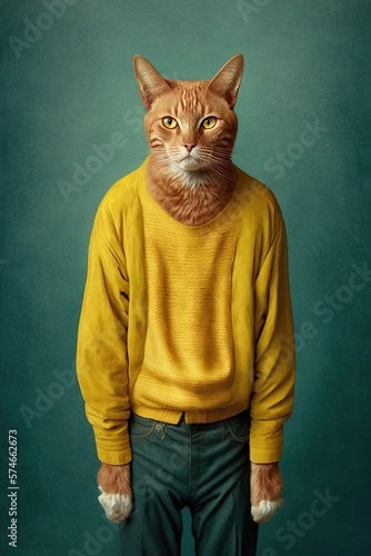 Vintage rustic portrait of a yellow large cat standing as a man in human clothing. Retro abstract concept. Generative AI. photo