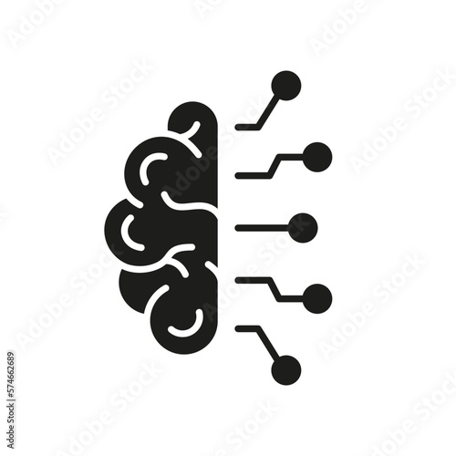 Human Brain and Network Technology Glyph Pictogram. AI, Innovation Neuroscience Concept Icon. Artificial Intelligence Silhouette Icon. Isolated Vector Illustration