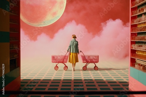 Vintage rustic supermarket shopping concept, woman going to get basic groceries for her family. Retro full basket. Generative AI.