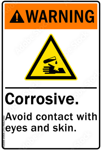 Corrosive material hazard sign and labels avoid contact with eye and skin