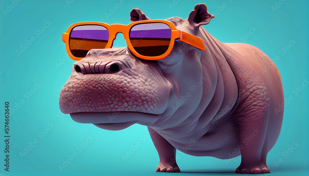 hippopotamus wearing sunglasses on a solid color background, vector art, digital art, faceted. Generative AI.  - obrazy, fototapety, plakaty 