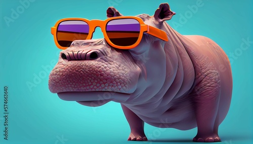 hippopotamus wearing sunglasses on a solid color background, vector art, digital art, faceted. Generative AI. 