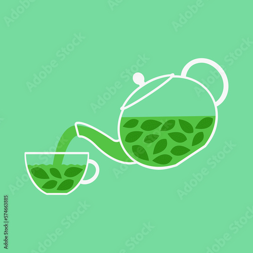Teapot with green tea poured tea into a cup