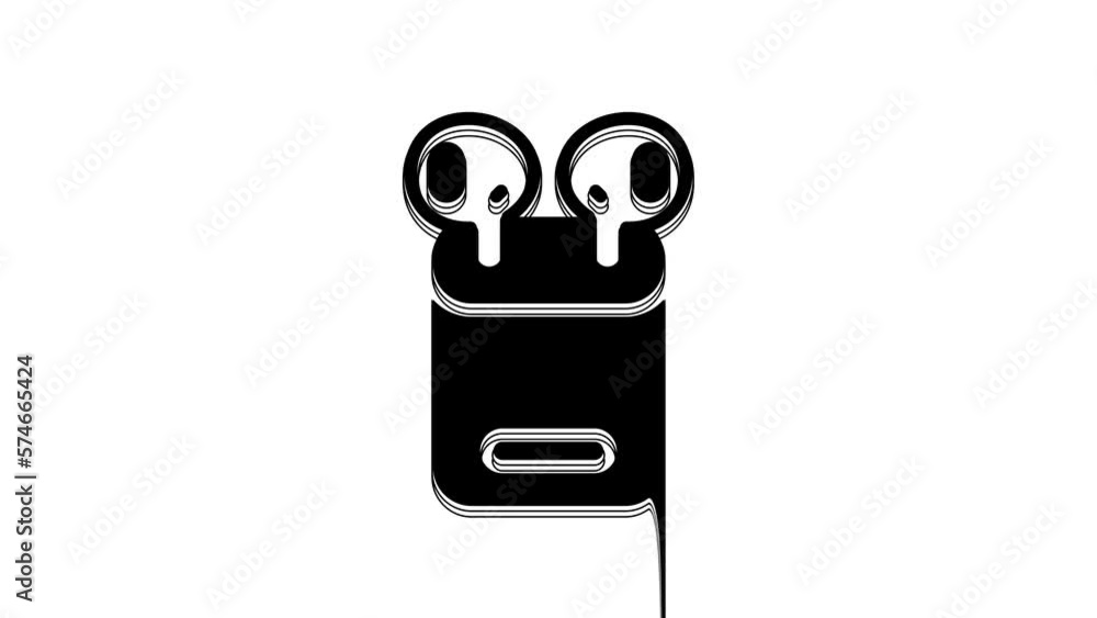 Black Air headphones in box icon isolated on white background. Holder wireless in case earphones garniture electronic gadget. 4K Video motion graphic animation Black Air headphones in box icon isolated on white background. Holder wireless in case earphones garniture electronic gadget. 4K Video motion graphic animation