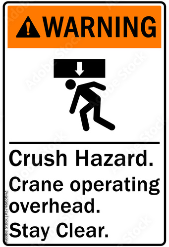 Overhead crane hazard sign and labels crush hazard, crane operating overhead. Stay clear
