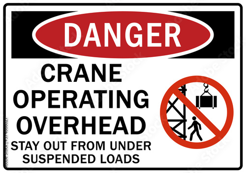 Overhead crane hazard sign and labels crane operating overhead, stay out from under suspended loads