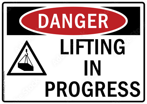 Overhead crane hazard sign and labels lifting in progress