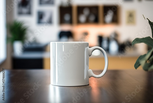 White mug on table and modern room background. Generative AI.