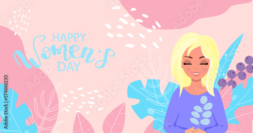 March 8  International Women s Day. Sweet girl with blonde hair. Vector template with an inscription. Vector illustration.